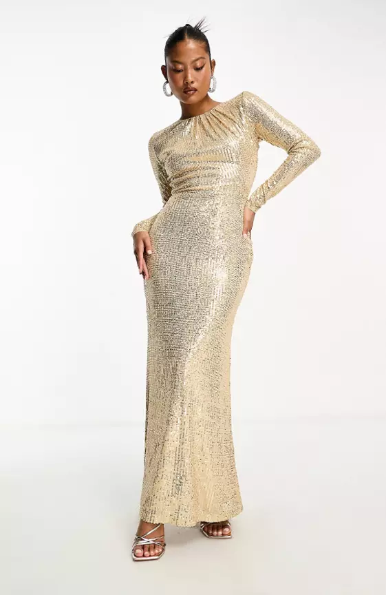 Jaded Rose Petite long sleeve sequin maxi dress in gold
