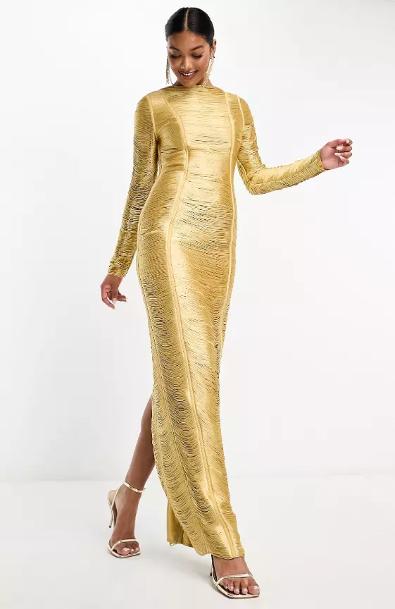 ASOS DESIGN fringe long sleeve maxi dress in gold

