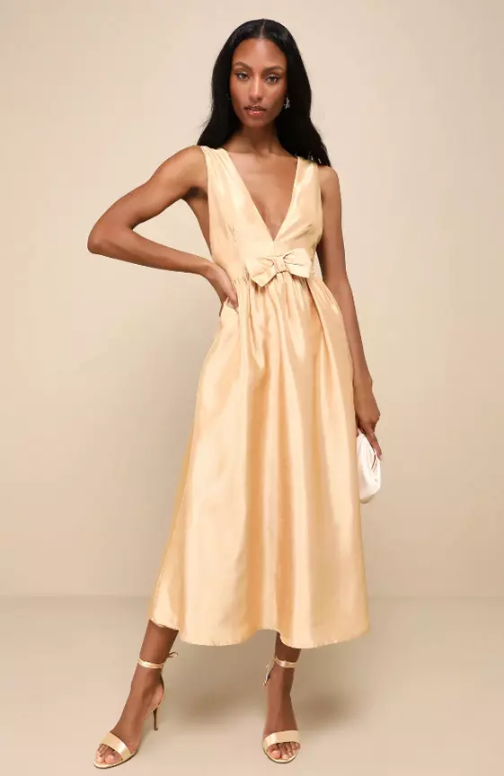 Elegant Destiny Gold Sleeveless Bow Midi Dress
