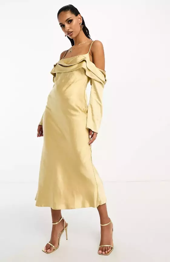 ASOS DESIGN satin off shoulder midi dress with cami straps in gold
