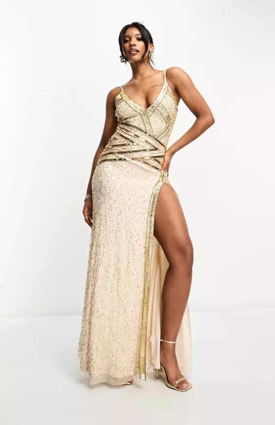 Starlet premium sequin embellished illusion maxi dress in gold
