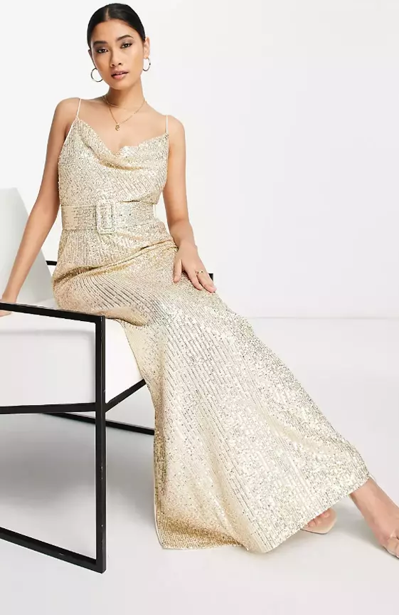 ASOS DESIGN cami embellished maxi dress with a belt in gold
