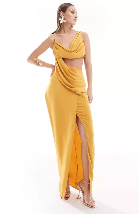 ASOS DESIGN asymmetric draped maxi dress with cut out side in gold
