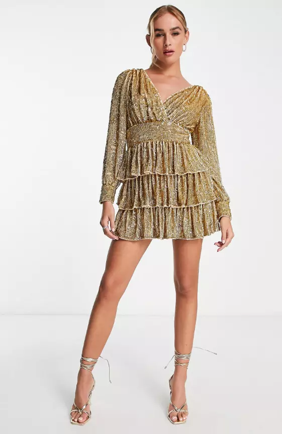 Miss Selfridge Premium festival embellished sequin tiered mini dress with long sleeve in gold
