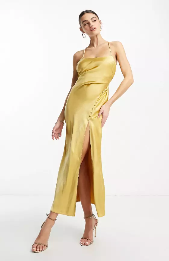 ASOS DESIGN satin button front maxi dress with lace up back detail in gold
