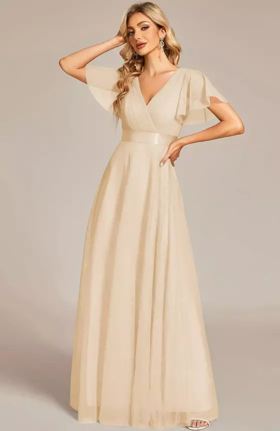 Custom Size Double V-Neck Floor-Length Short Sleeve Tulle Bridesmaid Dresses

