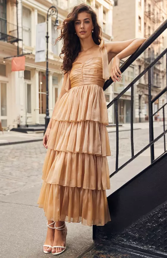 Radiant Arrival Shiny Gold Organza Tiered Tie-Strap Maxi Dress
