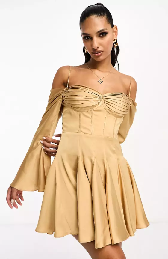 ASOS DESIGN draped corset off the shoulder satin mini dress with godet in gold

