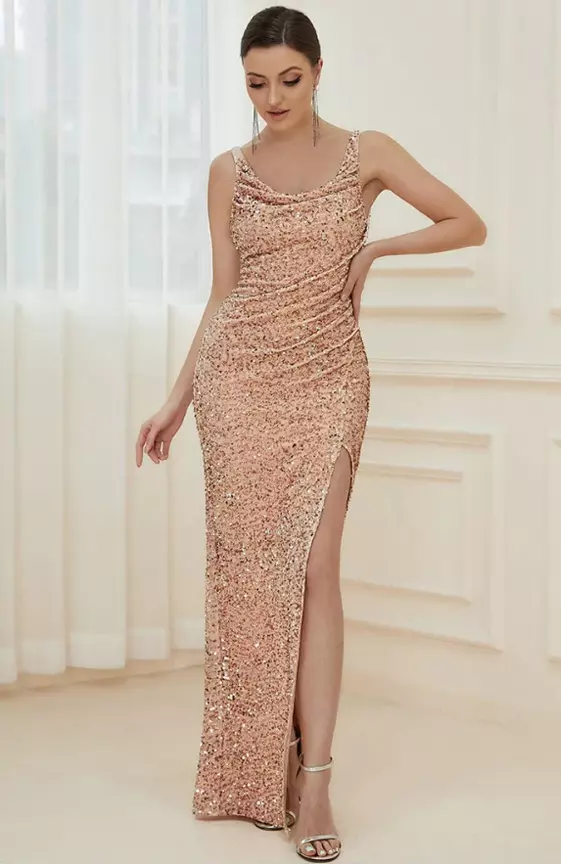 Spaghetti Strap Ruched Sequin High Slit Evening Dress
