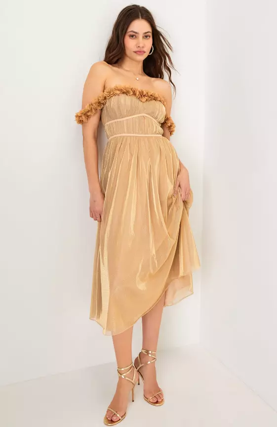 Amazing Essence Gold Metallic Mesh 3D Floral Midi Dress
