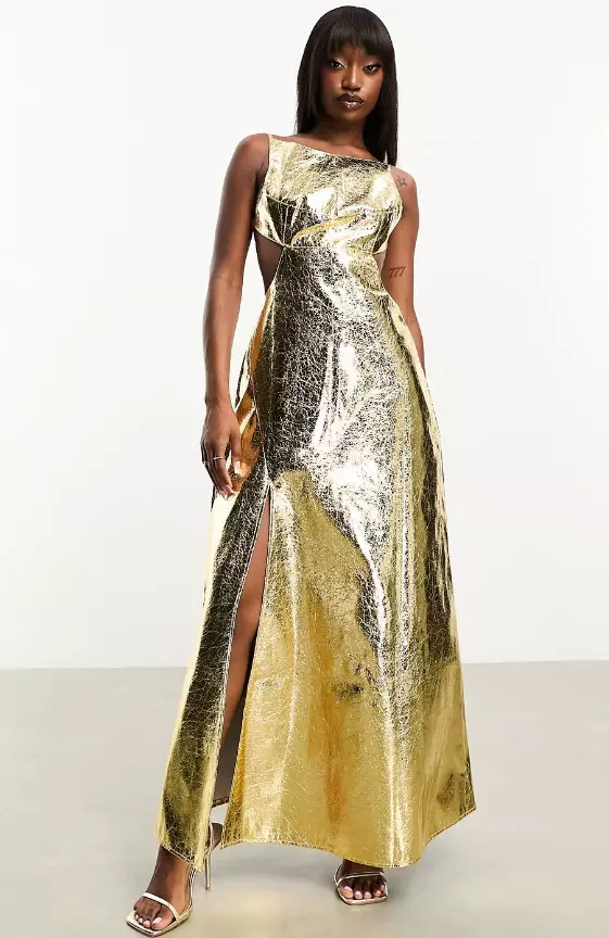 Amy Lynn textured lupe maxi dress with open back in gold metallic
