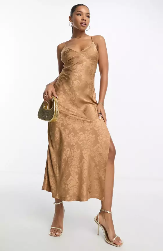 Miss Selfridge satin jacquard lace back maxi dress in gold