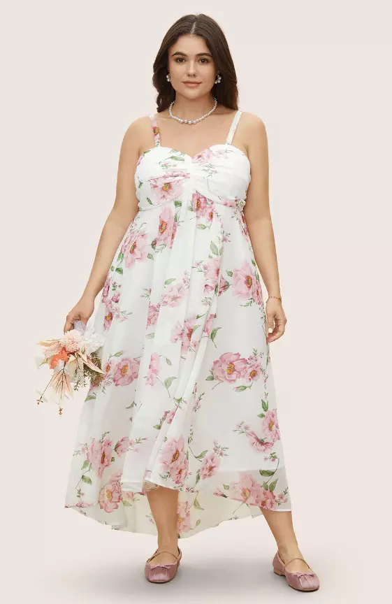 Floral Mesh Ruched Adjustable Straps Dress
