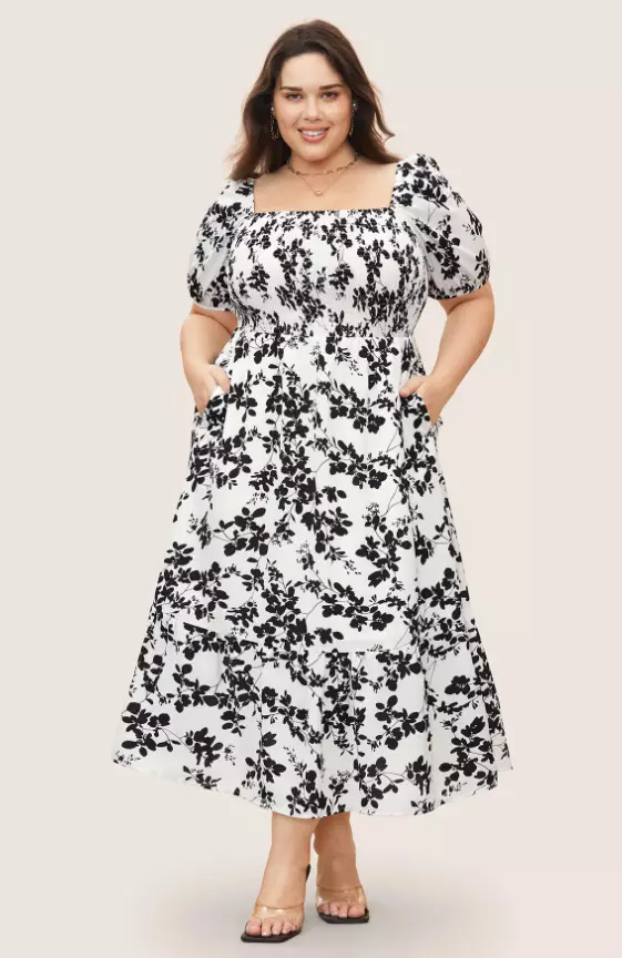 Silhouette Floral Print Shirred Puff Sleeve Dress
