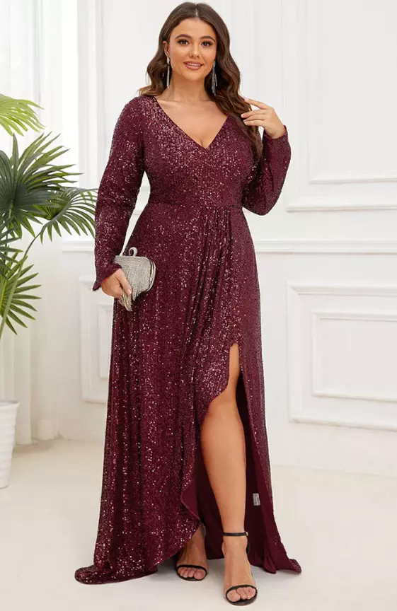 Plus Size Sequin V-Neck Long Sleeve High Slit Bodycon Evening Dress
