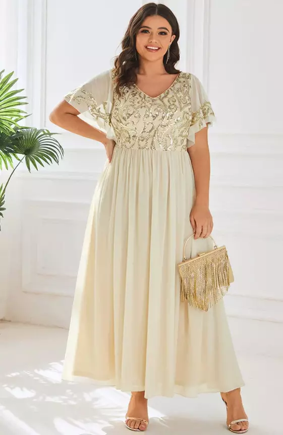 Plus Size V-Neck Short Sleeve Sequin Bodice Mother of the Bride Dress
