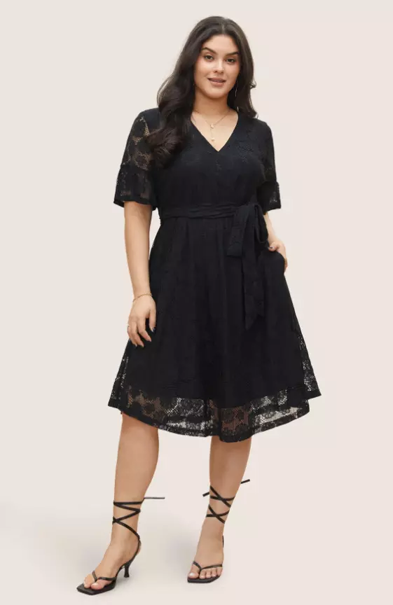 Lace Insert Belted Cut Out Wrap Dress
