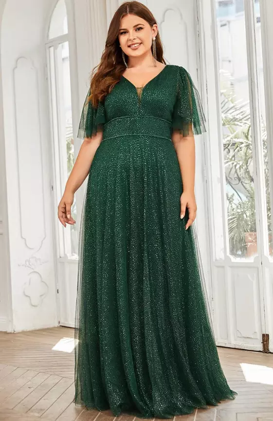 Plus Size V Neck Tulle Formal Evening Dress with Ruffle Sleeves
