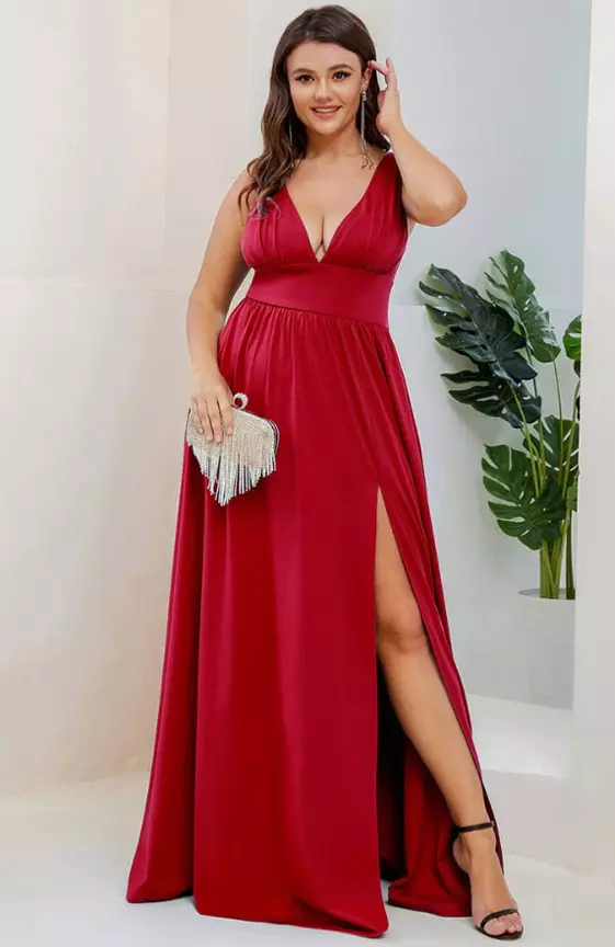 Plus Size Sleeveless V-Neck Empire Waist High Slit Floor-Length Evening Dress
