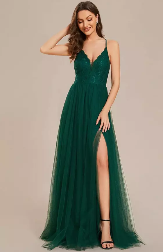 Spaghetti Straps Cross-Back Lace Top A-Line High Slit Tulle Bridesmaid Dress
