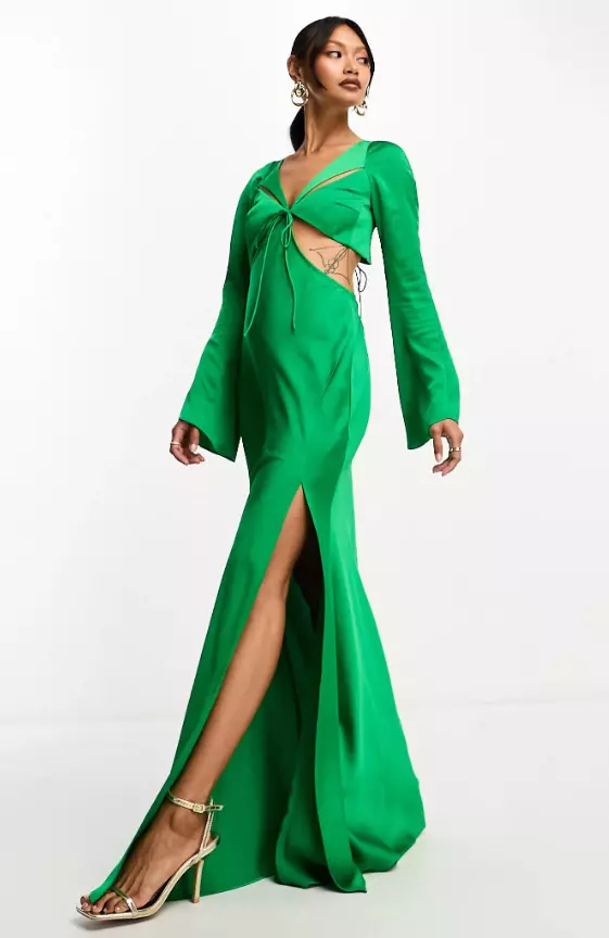 ASOS DESIGN satin flare sleeve cut out maxi dress in green
