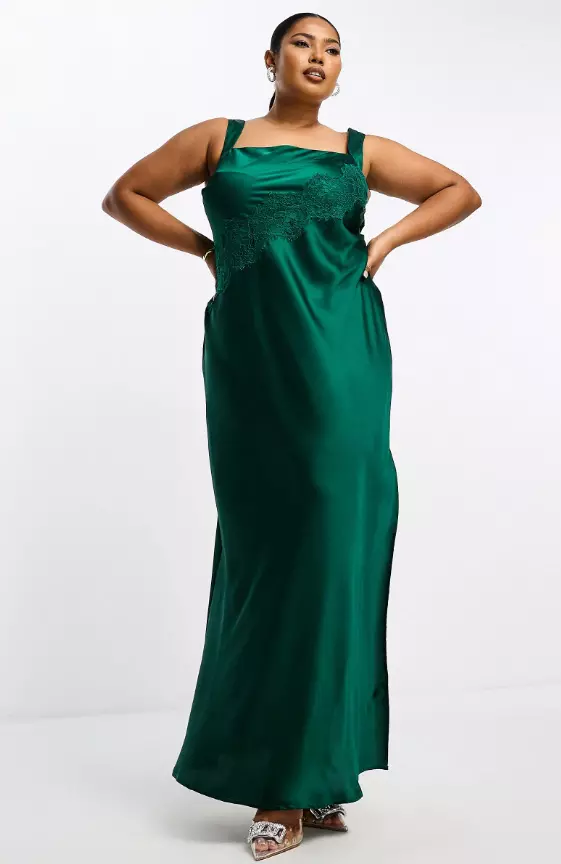 ASOS DESIGN Curve exclusive satin lace applique detail maxi dress in forest green
