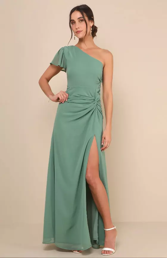 Loving Twist Sage Green One-Shoulder Twist-Front Maxi Dress
