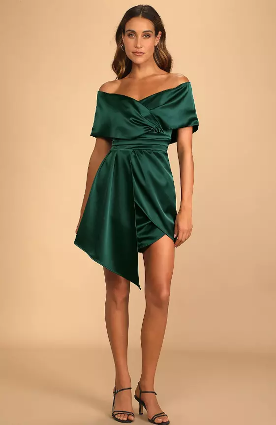 Always Celebrating Dark Green Satin Off-the-Shoulder Mini Dress
