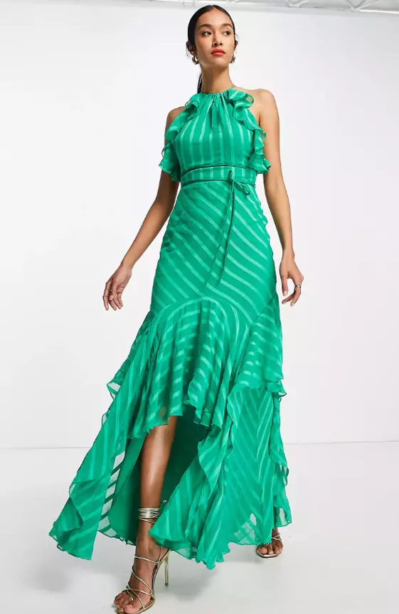 ASOS DESIGN satin stripe halter maxi dress with drape ruffle and tie detail in green
