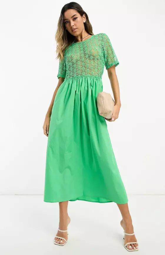 Never Fully Dressed broderie cotton poplin midaxi dress in green

