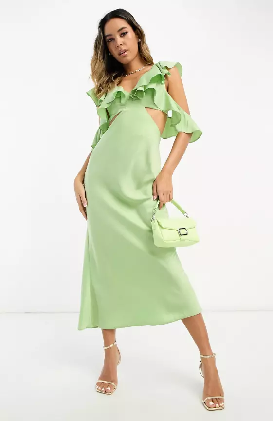 ASOS DESIGN satin midaxi dress with multi flutter sleeves in light green
