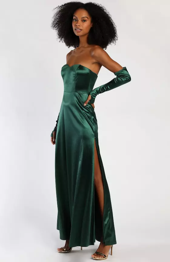 Elegant Nights Emerald Green Satin Strapless Maxi Dress & Gloves
