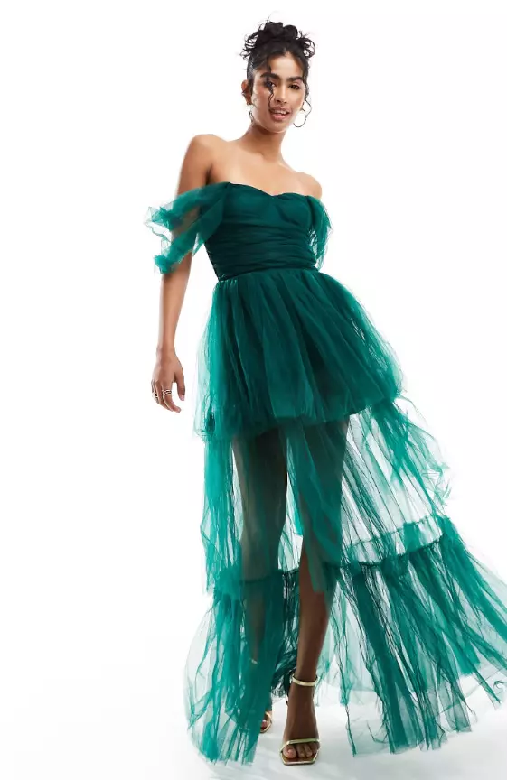 Lace & Beads off shoulder tulle high low maxi dress in forest green
