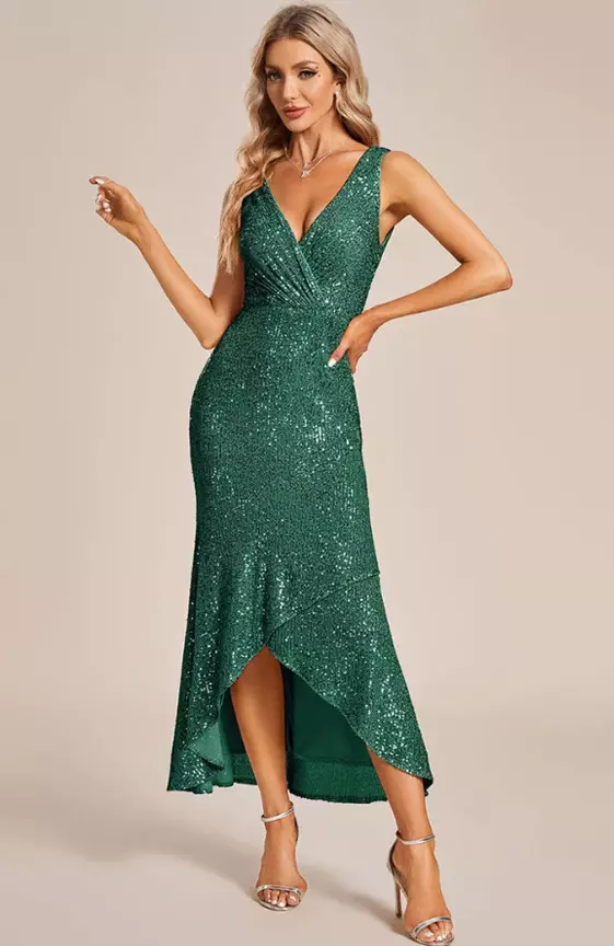 Sparkling V-Neck Sleeveless Asymmetrical Hem Sequin Evening Dress
