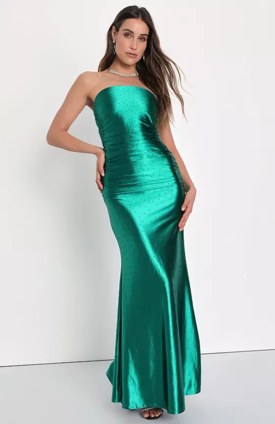 Good Luxe Charm Green Satin Rhinestone Strapless Maxi Dress
