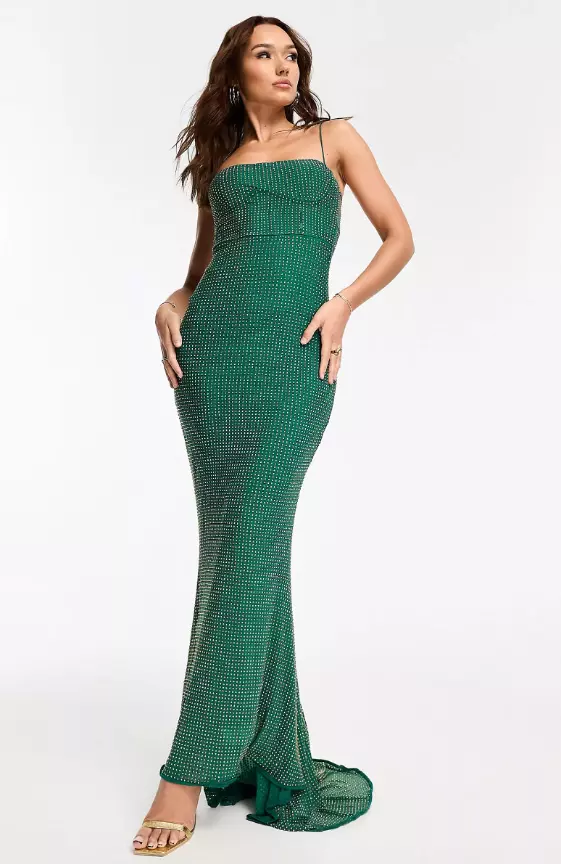 ASOS DESIGN hot fix cami maxi dress with fishtail train in green
