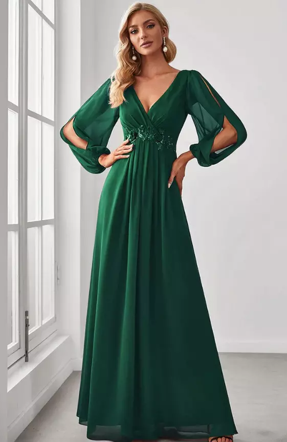 Elegant Chiffon V-Neckline Long Sleeve Formal Evening Dress
