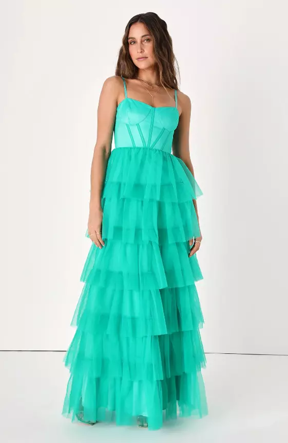 Rule the Runway Teal Green Tulle Bustier Tiered Maxi Dress
