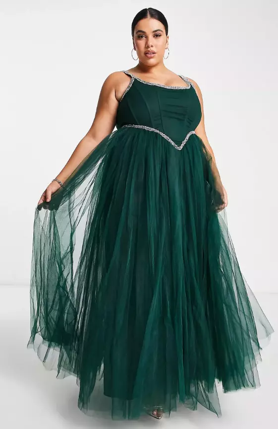 Lace & Beads Plus Exclusive corset embellished maxi dress in emerald green
