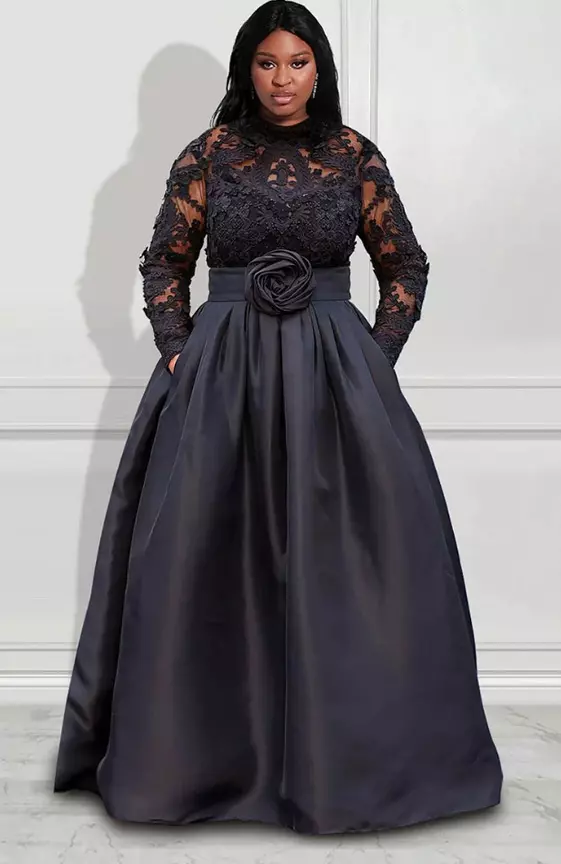 Xpluswear Design Plus Size Black Formal Lace Long Sleeve With Pocket Satin Maxi Dresses

