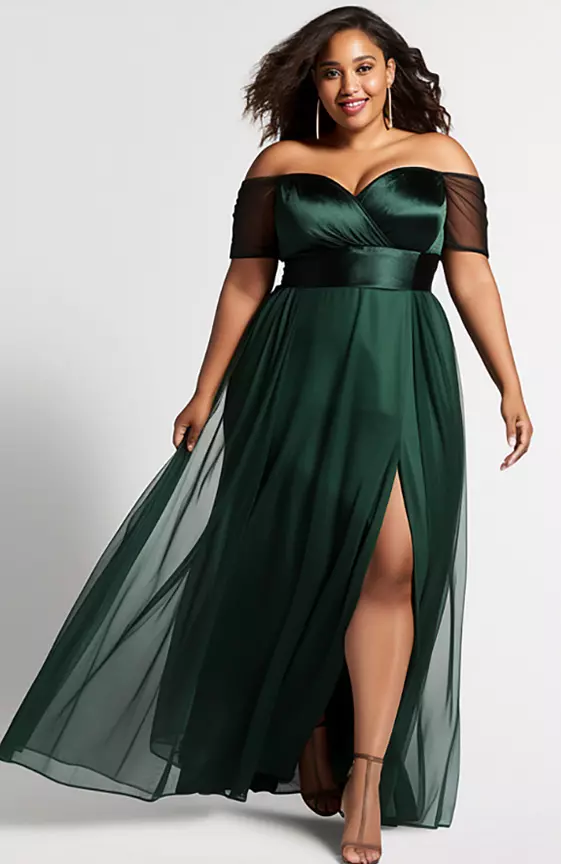 Xpluswear Design Plus Size Semi Formal Elegant Green Off The Shoulder Split Tulle Maxi Dresses
