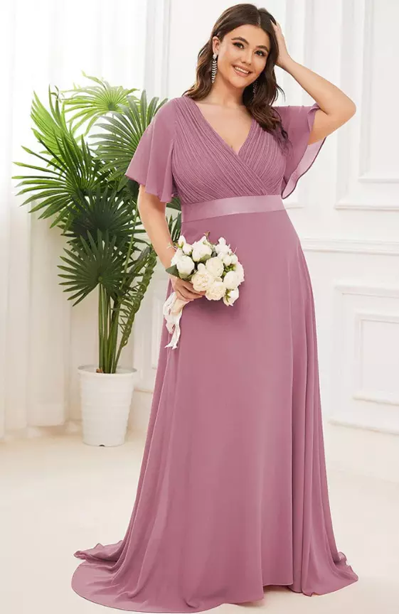 Plus Size Empire Waist V Back Bridesmaid Dress with Short Sleeves

