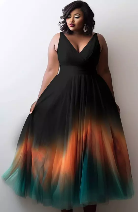 Xpluswear Design Plus Size Formal Elegant Black Gradient Fall Winter V Neck Tulle Maxi Dresses
