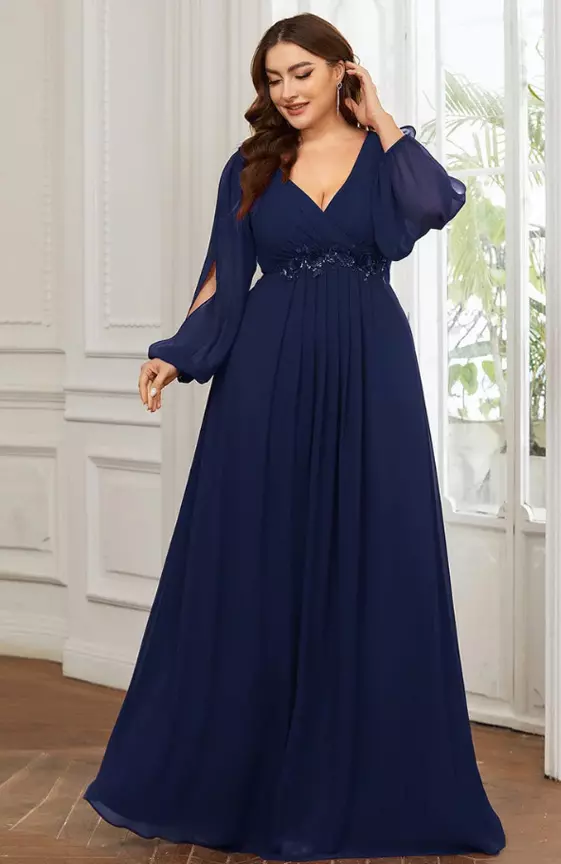 Stylish Plus Size Chiffon Formal Evening Dresses with Long Lantern Sleeves
