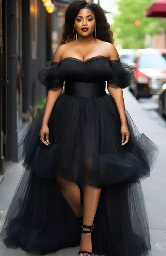 Xpluswear Design Plus Size Formal Elegant Black Off The Shoulder Asymmetric Hem Ruffle Tulle Maxi Dresses

