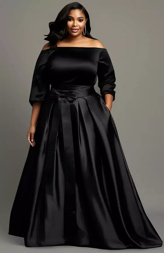 Xpluswear Design Plus Size Semi Formal Elegant Black Off The Shoulder 3/4 Sleeve Pocket Pleated Bow Tie Satin Maxi Dresses
