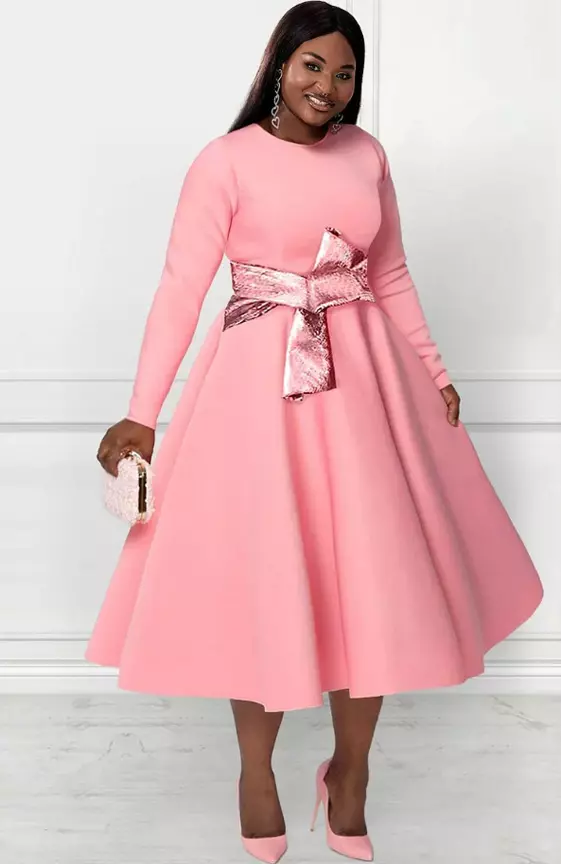 Xpluswear Design Plus Size Formal Midi Dresses Elegant Pink Fall Winter Crew Neck Long Sleeve Contrast Knitted Midi Dresses
