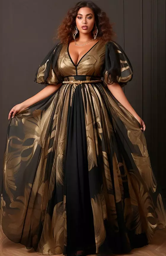 Xpluswear Design Plus Size Formal Gold V Neck Puff Sleeve Tulle Maxi Dresses
