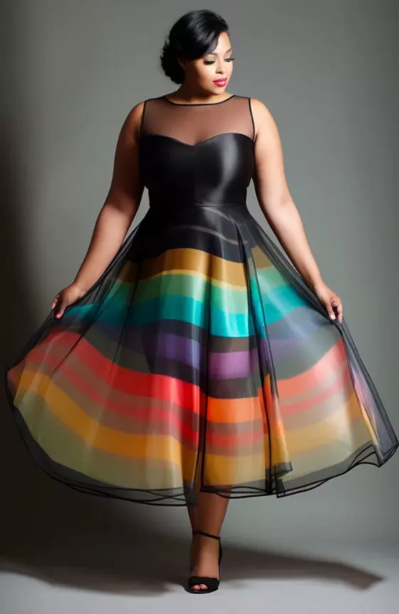 Xpluswear Design Plus Size Semi Formal Black Colorblock Round Neck Organza Midi Dresses
