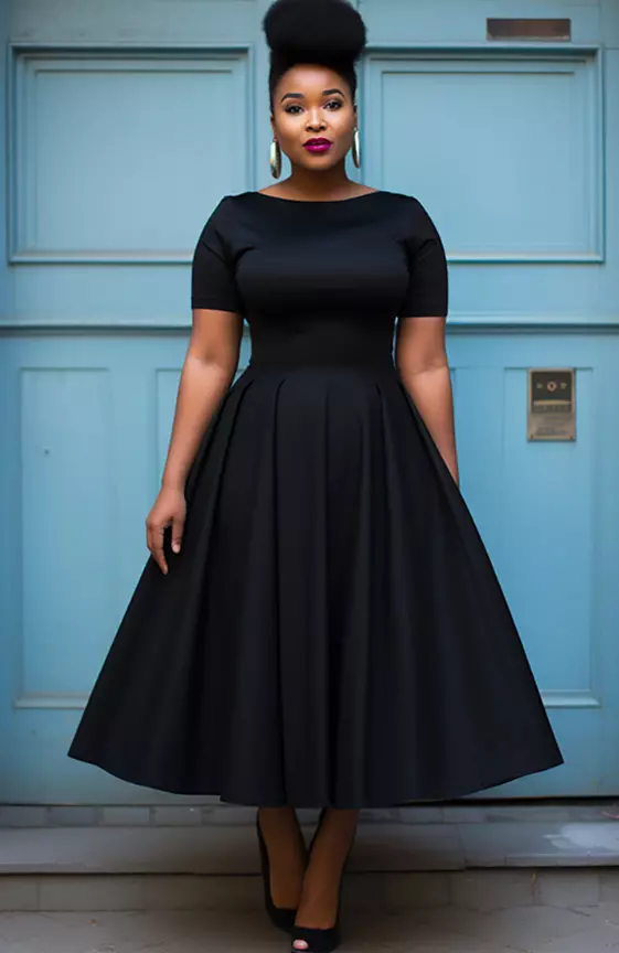 Xpluswear Design Plus Size Semi Formal Black Round Neck Short Sleeve Midi Dresses
